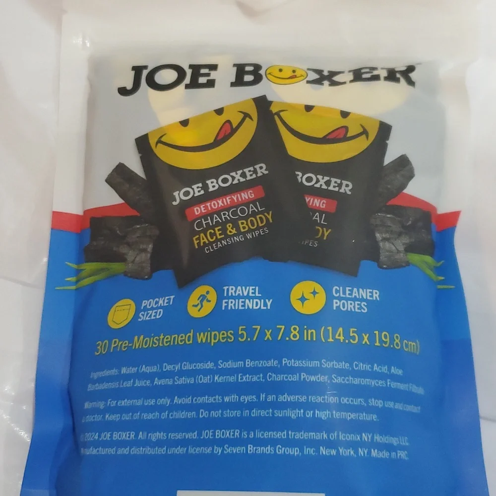 Joe Boxer detoxifting charcoal face and body 60 individually wrapped wipes new‎